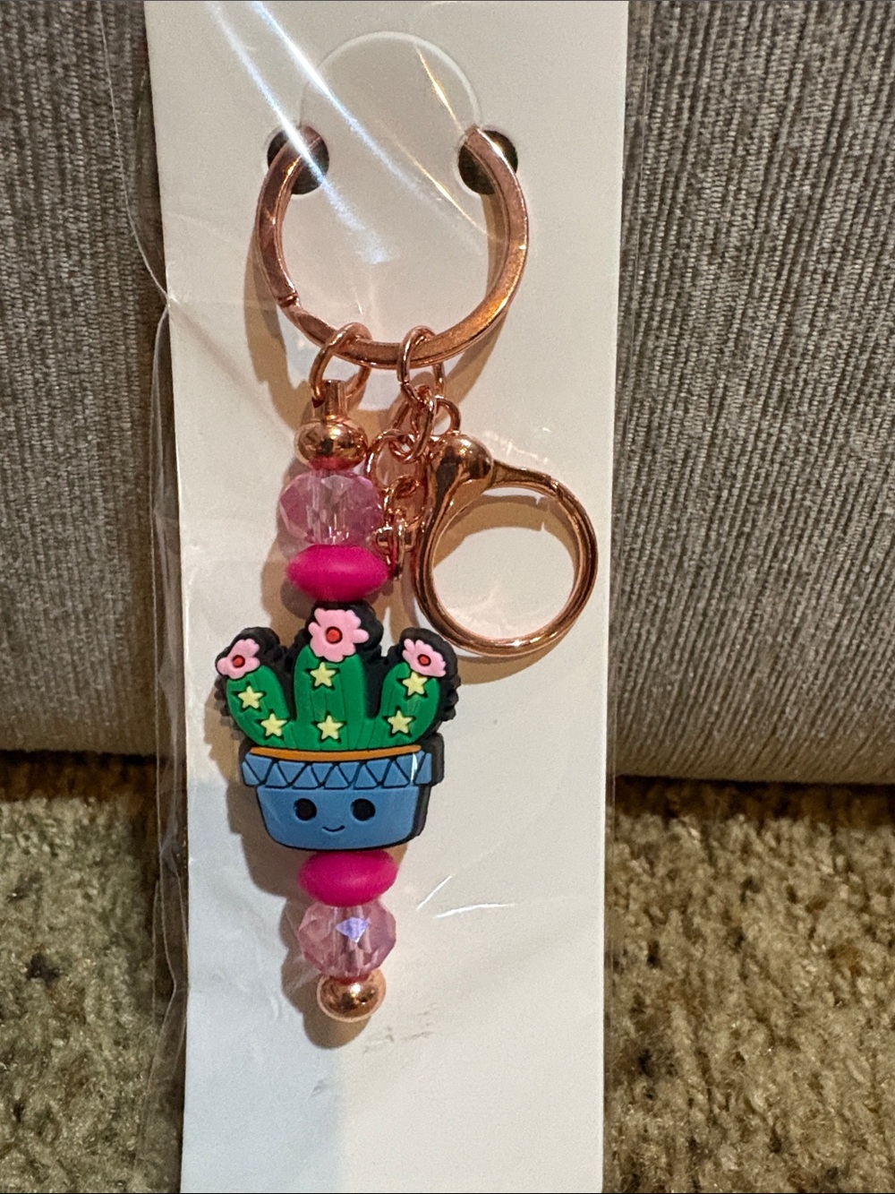 Hand Crafted Cute Cactus Charm Keychain - Rose Gold Hardware